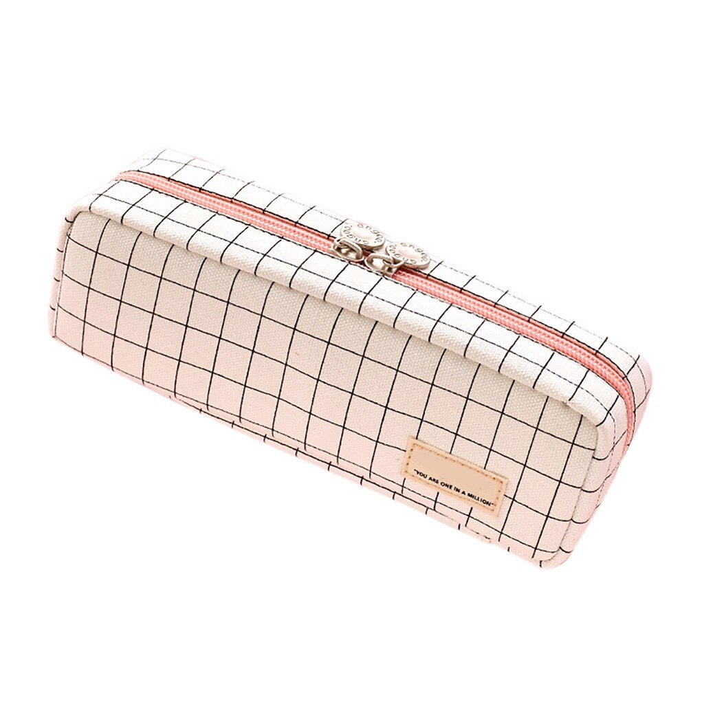 Pink lattice Large Capacity Pencil Cases Bags Fabric Pen Box Pouch Case For Middle High School Office College with 3 compartment: A