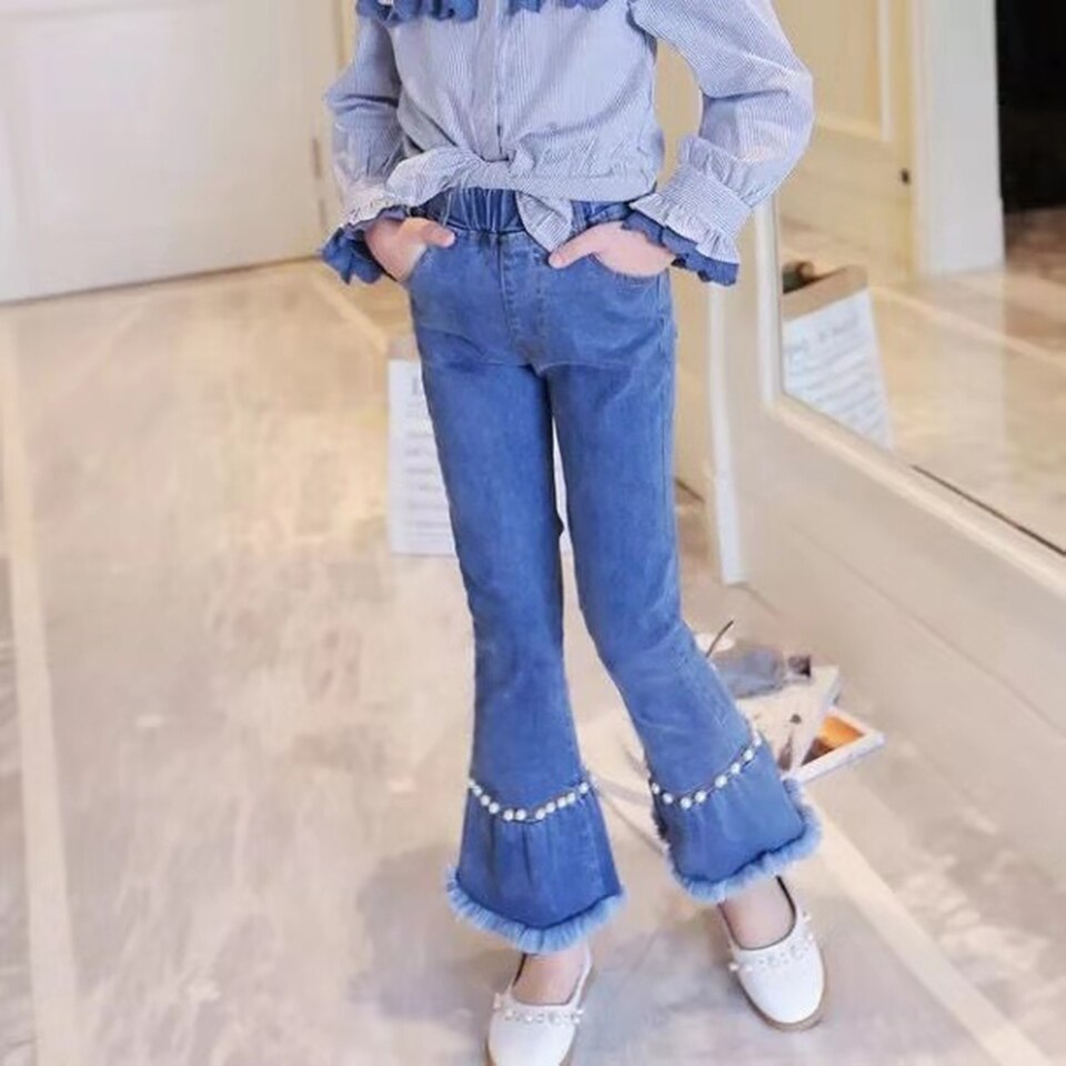 Metà di Vita Nuovo Delle Ragazze Dei Bambini Dei Pantaloni Caldi di Autunno della Molla Pantaloni a zampa d'elefante Casual Del Denim Delle Ragazze Dei Jeans Dei Pantaloni Per 3-12 anni di Età