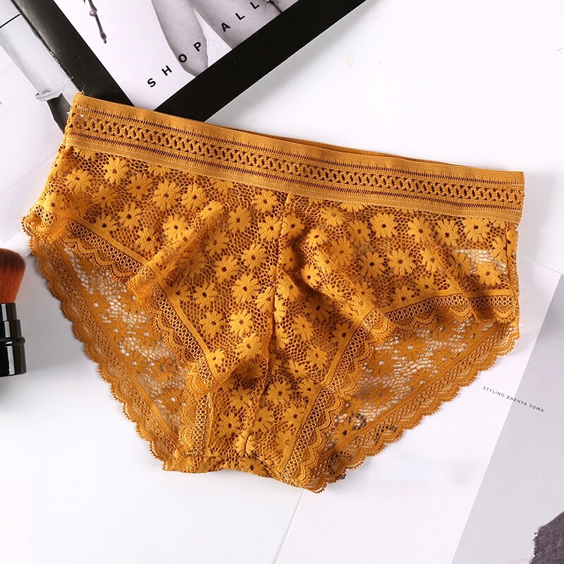 Women Lace Floral Panties Underwear Thin Briefs Sexy Hollow Panties Flower Intimates Underwear: YELLOW