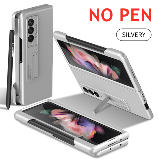 Magnetische Kickstand Pen Houder Slot Case Voor Samsung Galaxy Z Vouw 3 Case Met Mobiele Telefoon Stylus Pen Matte Hard pc Cover: Sliver NO  Pen