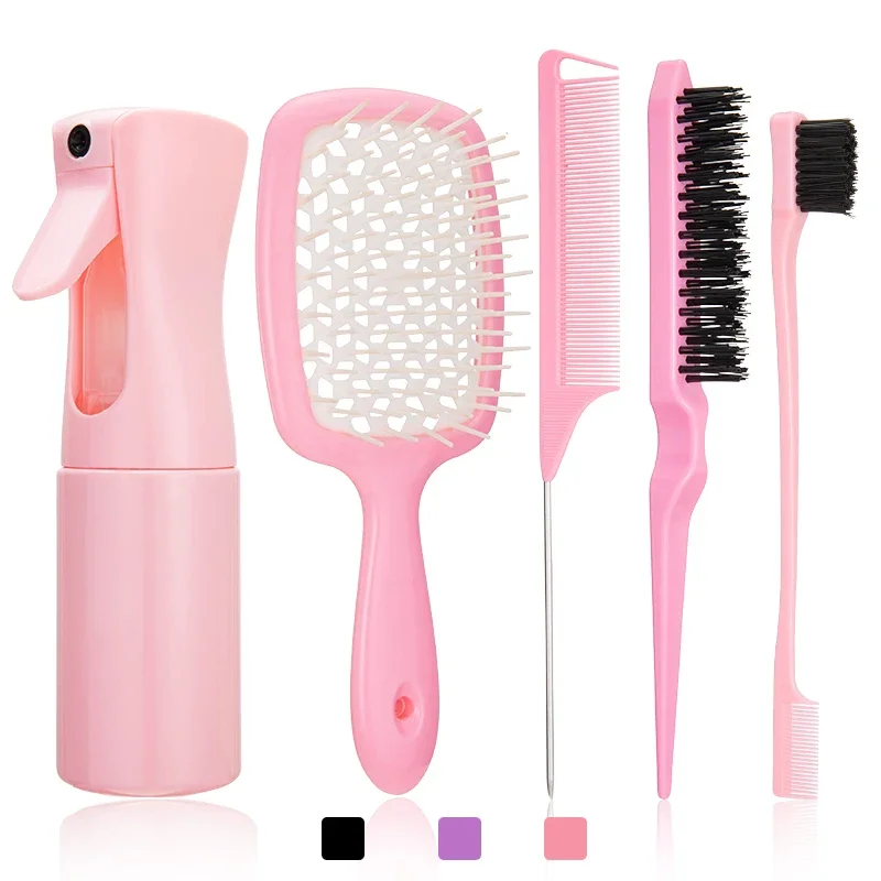 5 unids/set cepillo para desenredar el cabello, cepillo para peluca rosa, peine de cola de rata curvada, cepillo para el cabello con borde, cepillo para el cabello rizado, suministros de peluquería: Rosa
