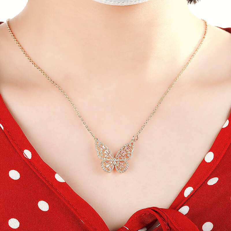 glänzend Seite Neue Zubehör Kristall Schmetterling Anhänger & halsketten für Frauen Elegante Zirkonia Kette Halsband Halsketten