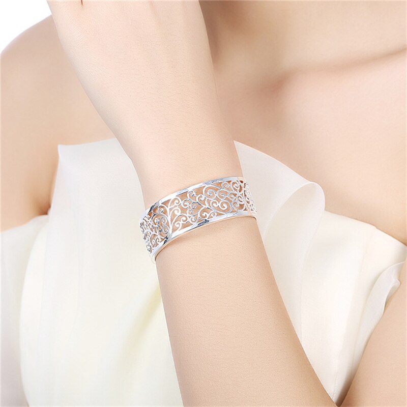 Charmhouse 925 silverarmband för kvinnor breda blomarmband & armband armband pulseira femme vintage brudsmycken