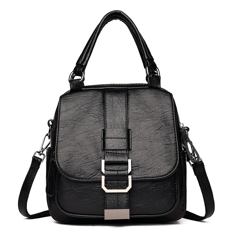 Multifonction petite poche à clapet en cuir Pu femmes sac à dos Vintage doux sacs à bandoulière classique de voyage sacs à dos: black