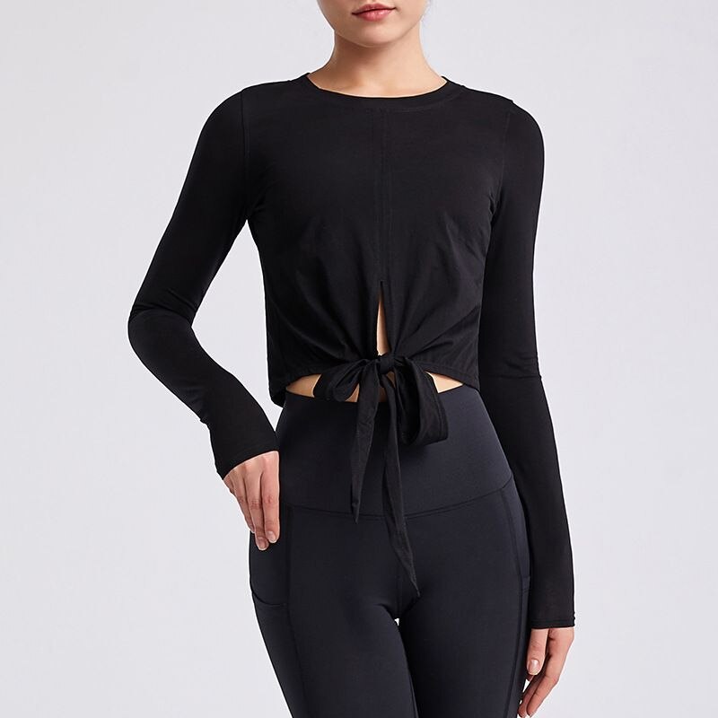 Damen-t-shirts für herbst und winter, geknotetes yoga-sporttop, dehnbar, dünn, schnelltrocknend, eng anliegend, lange ärmel, rundhalsausschnitt, trainingskleidung: C / L