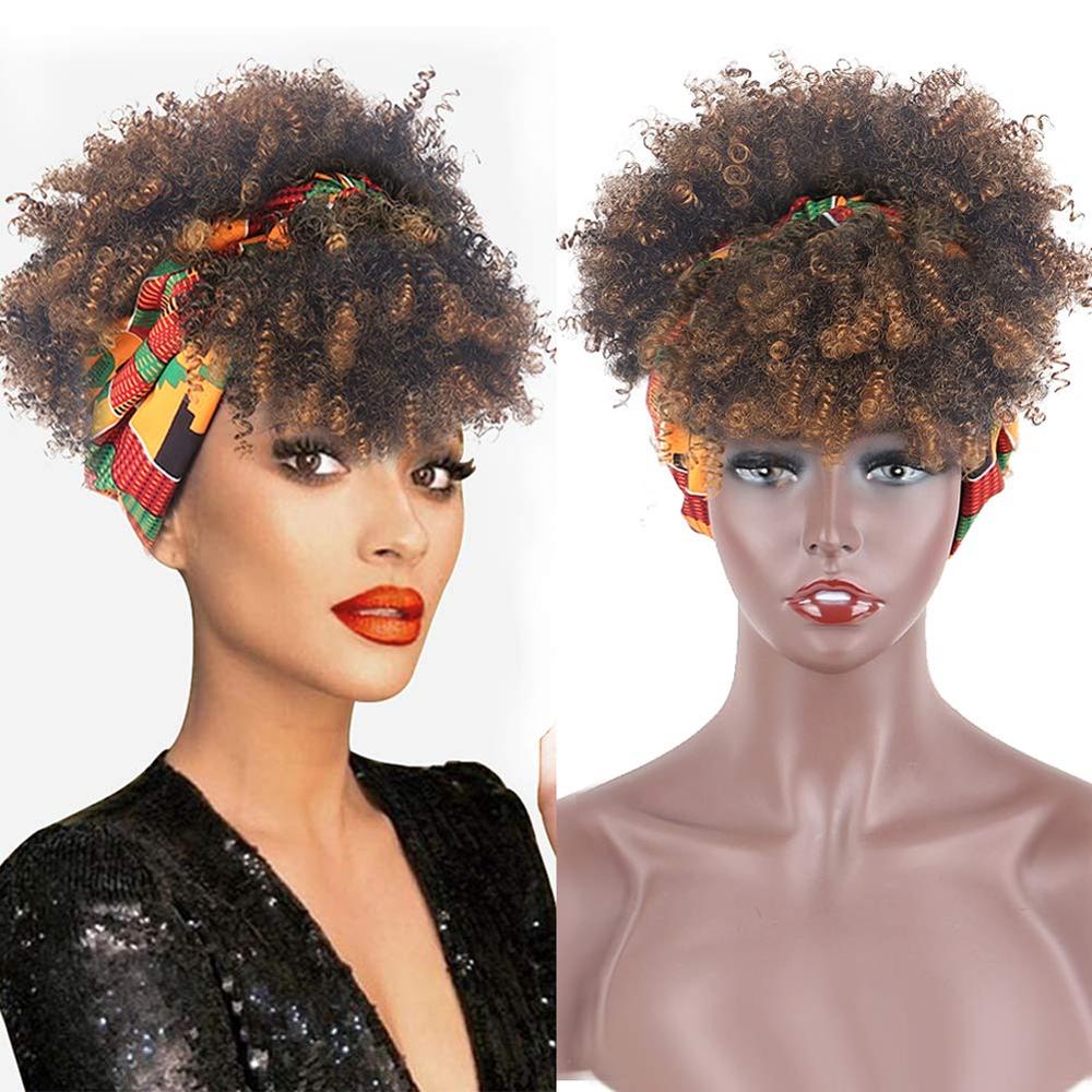 Afro Puff Turban Synthetic Wig Short Kinky Curly Headwrap Drawstring Wrap-wig 2 in 1 Updo Head-Wrap Wig for Black Women: #2