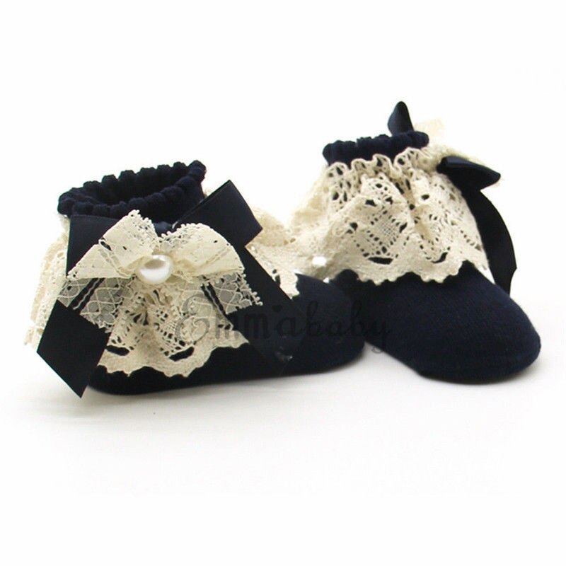 Baby Sock 1 Pair Girl Kids Newborn Baby Lace Ruffle Socks Warm Bowknot Non-slip Cotton Ankle Socks: Dark Blue