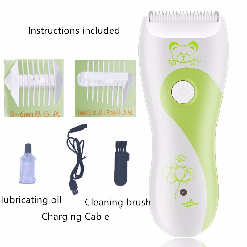Bebê cortador de cabelo elétrico clipper verde flexível baixo ruído forte potência à prova dwaterproof água aparador de cabelo abs macio