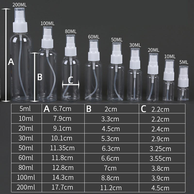 10 stk bærbare små gennemsigtige plast tomme sprayflaske genopfyldelige flasker 5ml/10ml/20ml/30ml/50ml/60ml/80ml/100ml/200ml