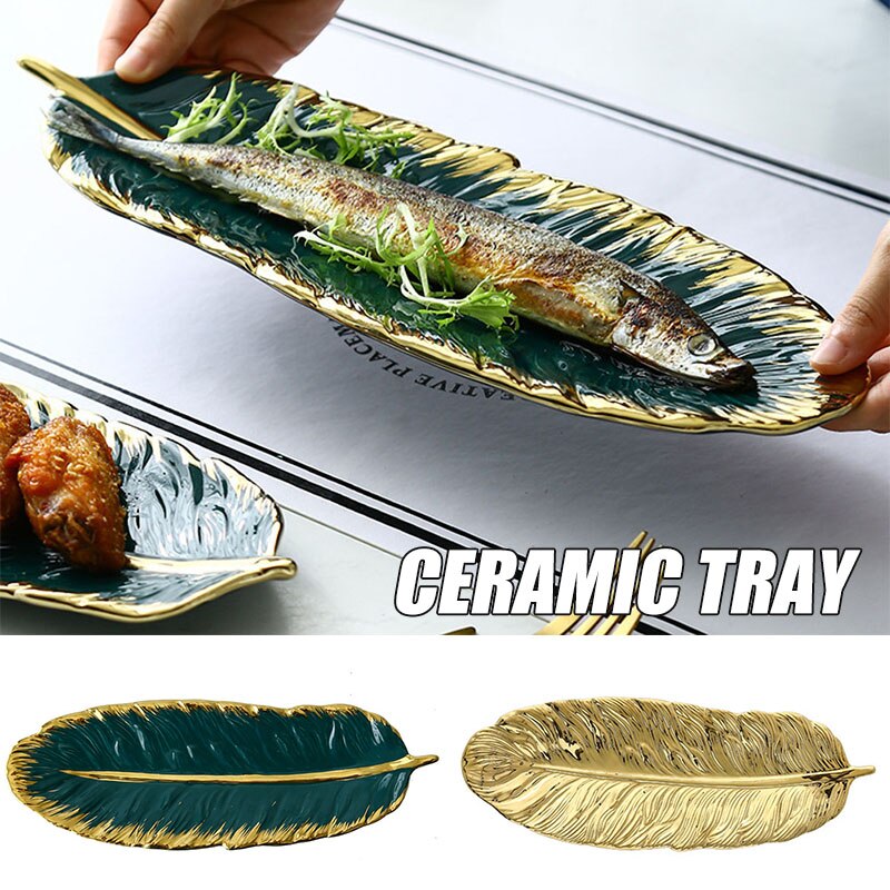 Gold-Plated Ceramic Tray Dark Green Feather Banana Leaf Shape Plate Snack Storage Tray