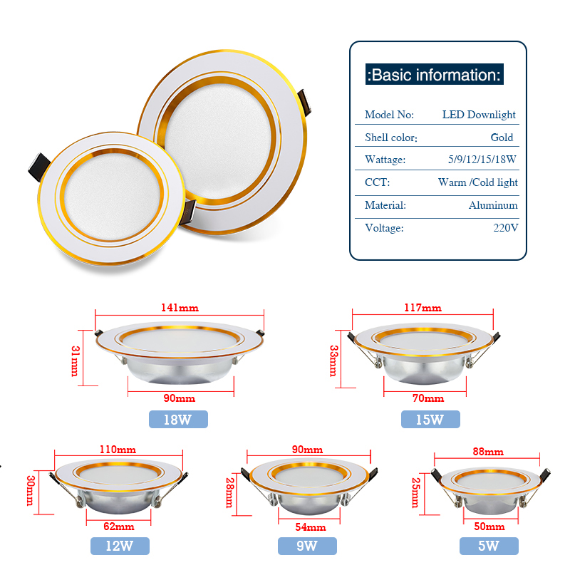 ledet-downlight 5w 9w ledet-panellampe 12w 15w 18w innfelt downlight rund taklampe  ac 220v 230v søkelyset innendørsbelysning