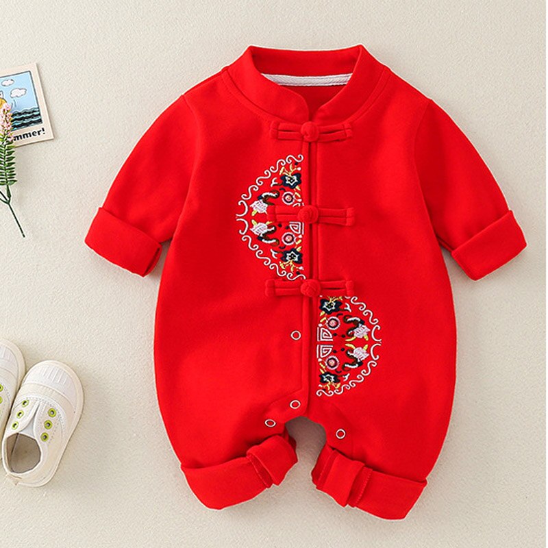 Baby boy jumpsuit Chinese style full moon baby crawling suit: Red / 3M