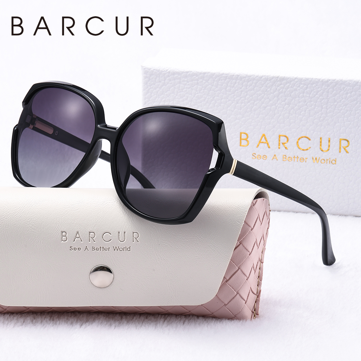 BARCUR mujer gafas de sol colores degradados PC elíptico marco grande UVA/B gafas de sol polarizadas paquete de caja de blanca: Negro