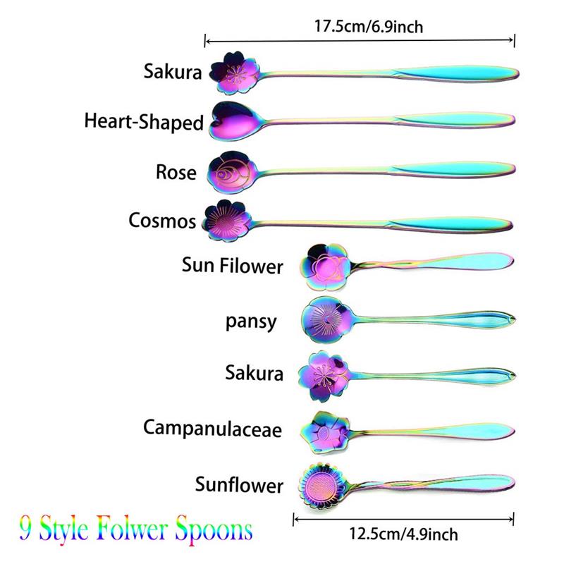 9pcs Stainless Steel Flower Shape Scoop Beverage Stirring Mixing Spoon with Handle Fruit Scoop Kitchen Dinnerware Coffeeware