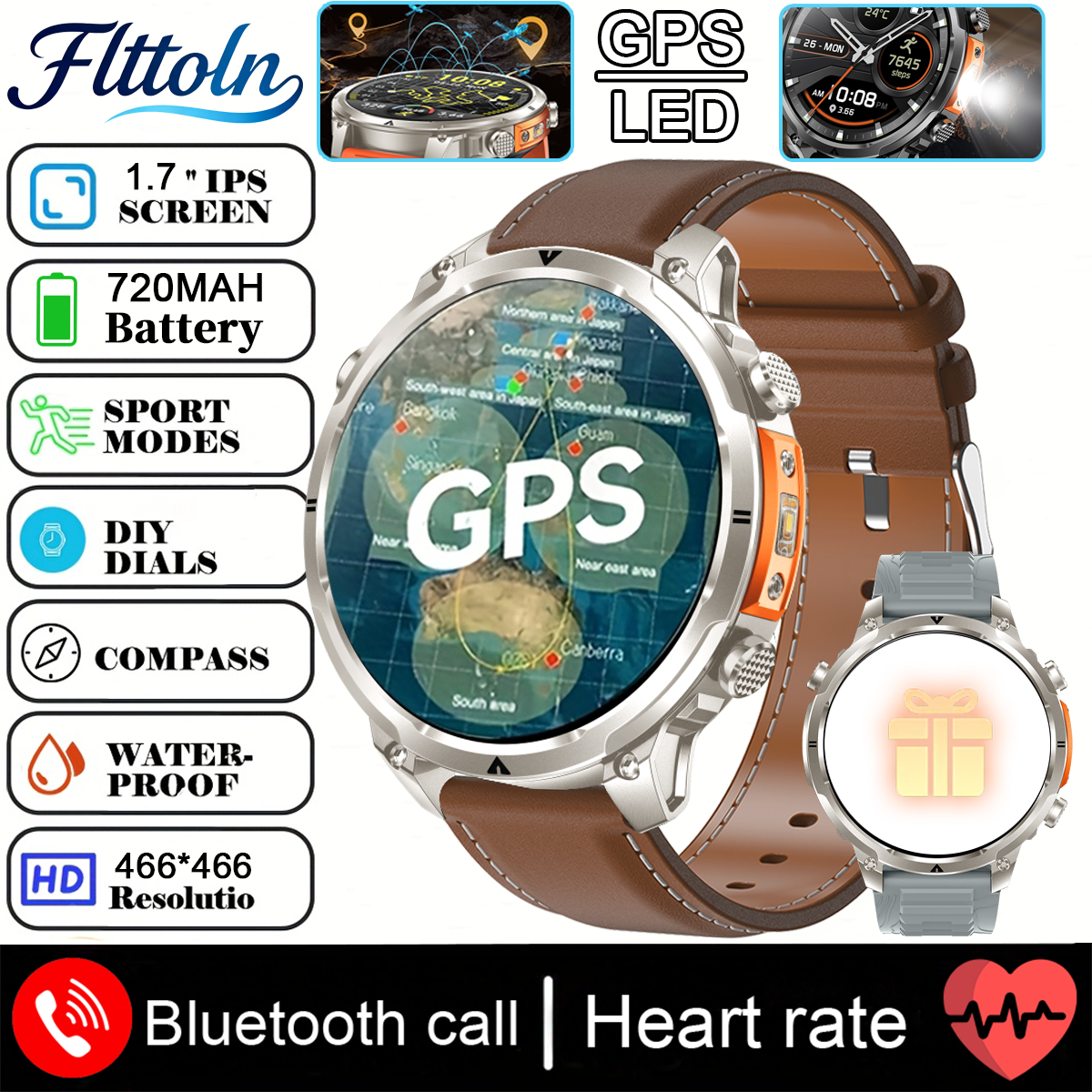 2025 Nuovo Militare GPS Astuto Della Vigilanza 3ATM Impermeabile 650mAh Batteria BT Chiamata Frequenza Cardiaca Pressione Sanguigna Sport tracker Smartwatch Da Uomo: Viola
