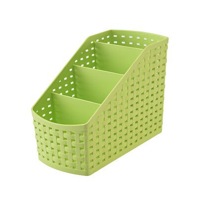 Office Stationery Holder, Four Compartment Plastic Rattan Plaited Desk Organizer Storage Holder for Office Desk: green small