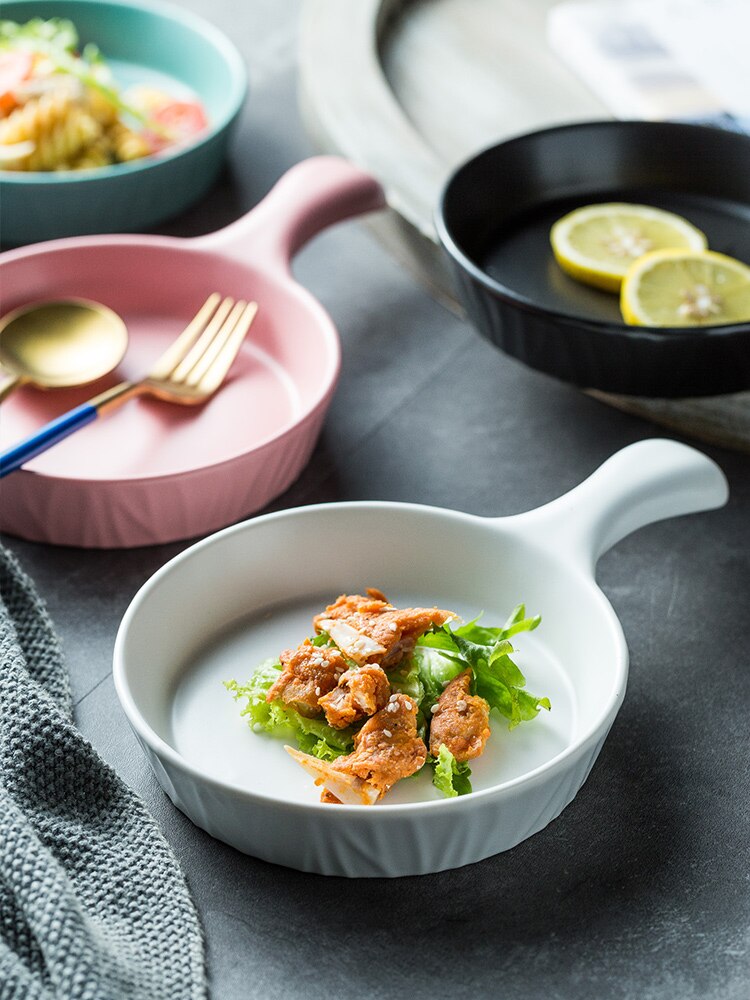 European Ceramic Handle Plate Matte Western Steak Pasta Plates Porcelain Fruit Salad Pizza Bakeware Dishes Food Tray Dinnerware