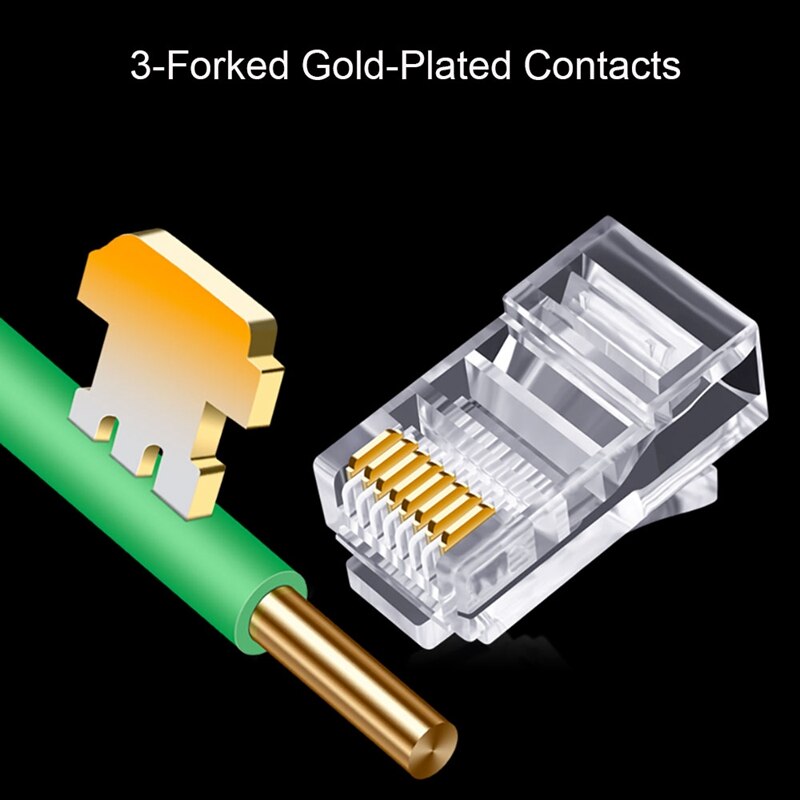 100Pcs RJ45 Connector 6U Gold Plated P Through Ethernet Cables Module Plug Network RJ-45 Crystal Heads Cat5 Cat5E