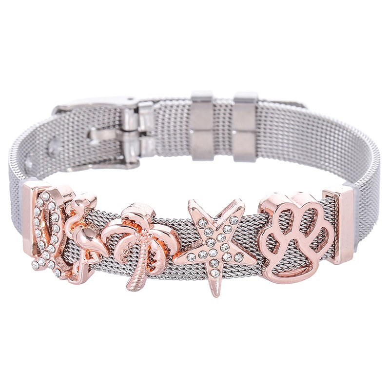 TOGORY Stainless Steel Mesh Bracelet With Crystal Cartoon Dog Claw Charms Fine Bracelets Set For Women Kids: 2