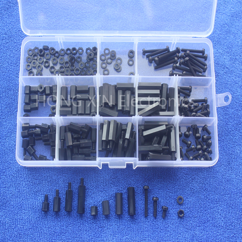 260pcs M3 Black M-F Hex series nylon screws, nuts, PCB board height hexagon spacer kit complete With box