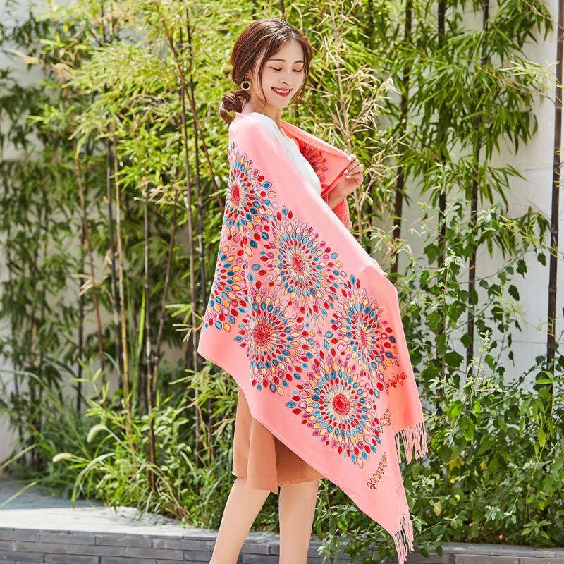 Vrouwen dikke kasjmier sjaals tibetaanse nepal zonnebloem sjaal borduurwerk kwast lange sjaal warme pashmina gebreide dames: 12