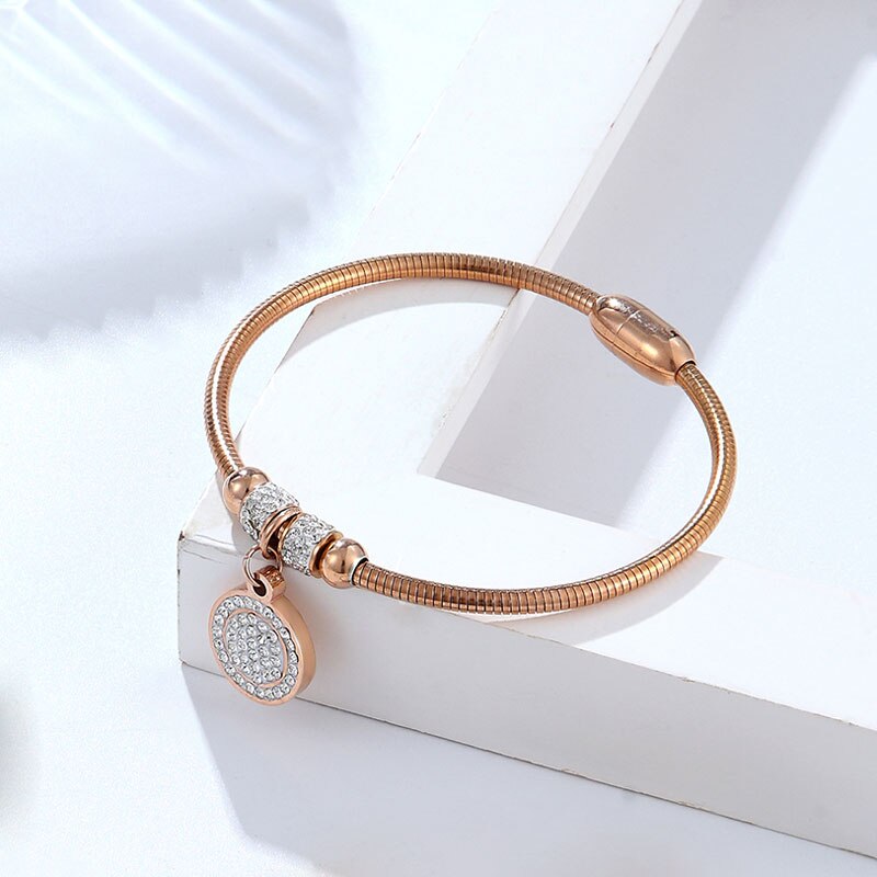 Beautiful Full Zircon Circle Charm Bracelet Bangle For Women Stainless Steel Magnet Clasp With Snake Chain Gold Plating Bangle: Rose gold