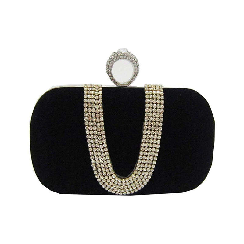 Avondcocktail clutch met suède fluwelen strass steentjes en één ring: Zwart