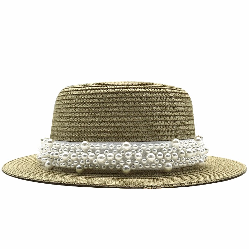 Chapéu de palha feminino chapéu panamá estilo cappelli lado com pérola praia balde boné menina topee 2020 verão chapéu de sol liso para mulher: khaki