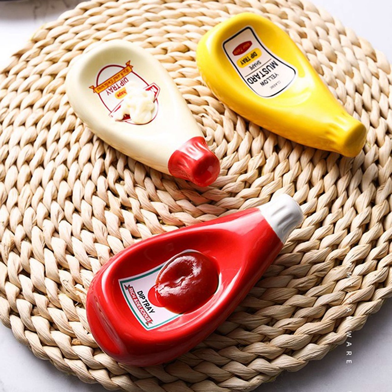2 Pcs Ceramic Tomato Sauce Bottle Shape Dish Soy Sauce Plate Ketchup Mayonnaise Mustard Seasoning Dish S, Beige &amp; Red