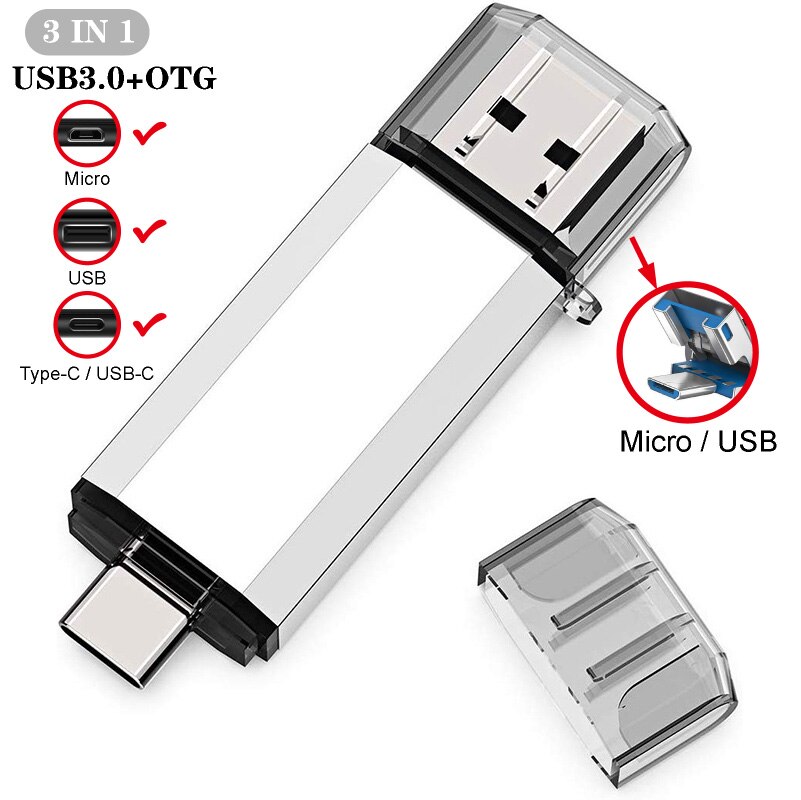 USB Flash Drive 3 IN 1 USB3.0 &amp; Type C OTG Pen Drive 32GB 64GB 128GB 256GB 512GB High Speed USB Stick Pendrives: 64GB / white
