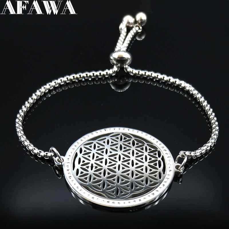 Flower of Life Crystal Stainless Steel Bracelet Women Silver Color Bracelets Bangles Jewelry pulseras mujer B129S02