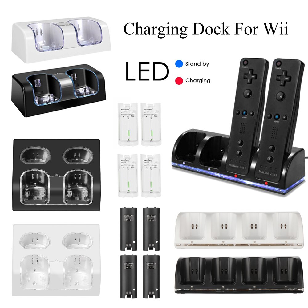 For Nintendo Wii Remote Controller Charger Dock Charging Station USB Cable Cradle with Rechargeable Battery Game Accessories