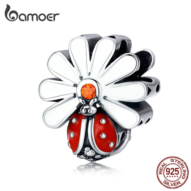 Bamoer Coccinella con il Fiore della Margherita Perline per le Donne 925 sterlina d'argento Fascino Dello Smalto misura Fascino Originale Braccialetto di Gioielli FAI DA TE SCC1276