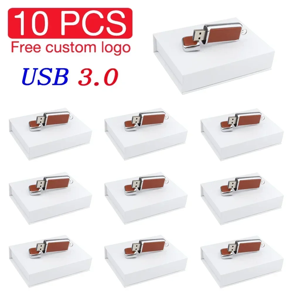 Unidad Flash USB 3,0 de cuero de alta velocidad, 128GB, 64GB, logotipo impreso personalizado gratis, memoria Flash, caja de de cumpleaños, 10 Uds.: Gris / 8 GB