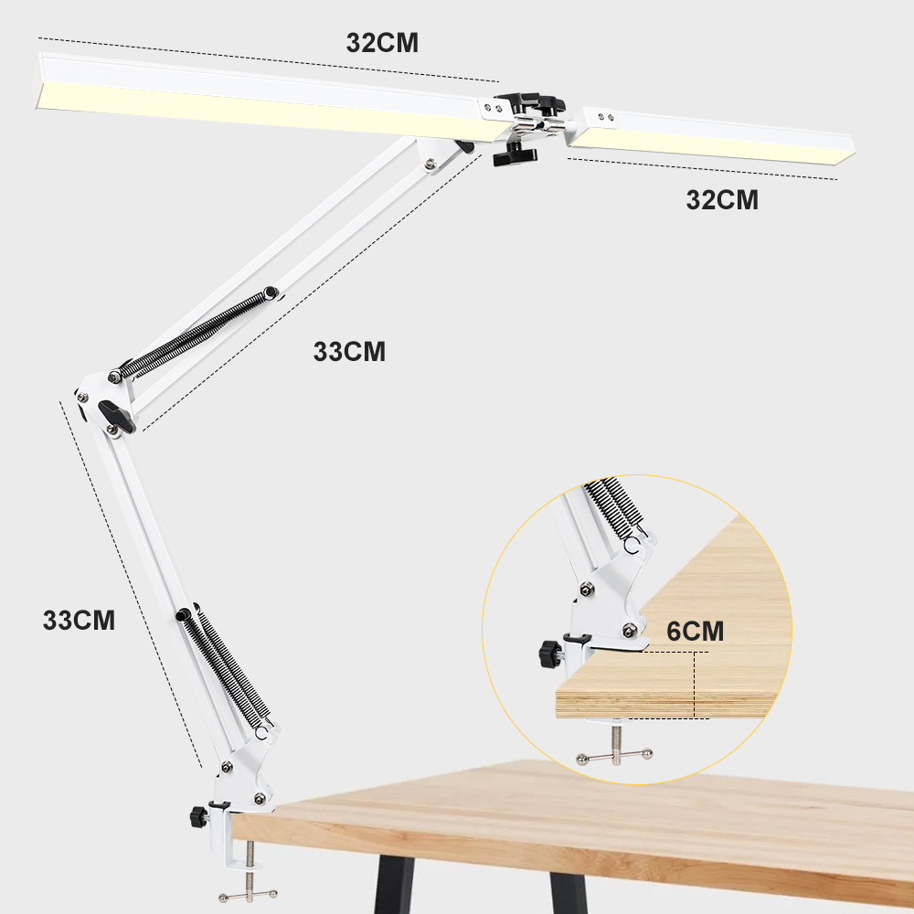 Lâmpada de mesa LED 2 em 1 24W mais brilhante com lâmpada de mesa com braçadeira braço oscilante flexível 3 modos de cor Stepless regulável cabeça dupla