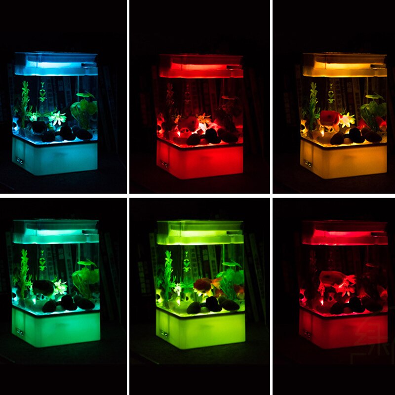 Mini acuario de plástico acrílico USB, pecera con LED portátil Betta, pecera, suministros para mascotas acuáticas para decoración de interiores y oficina