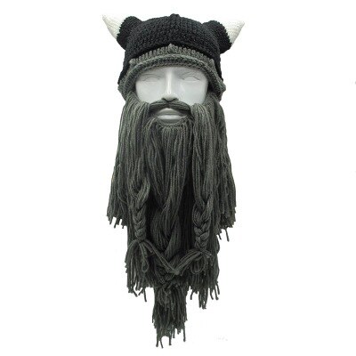 Rolig galen halloween cosplay män stickad viking skägg horn hatt skidmask keps barbar vagagond cool mössa vinter varm unisex hatt: A