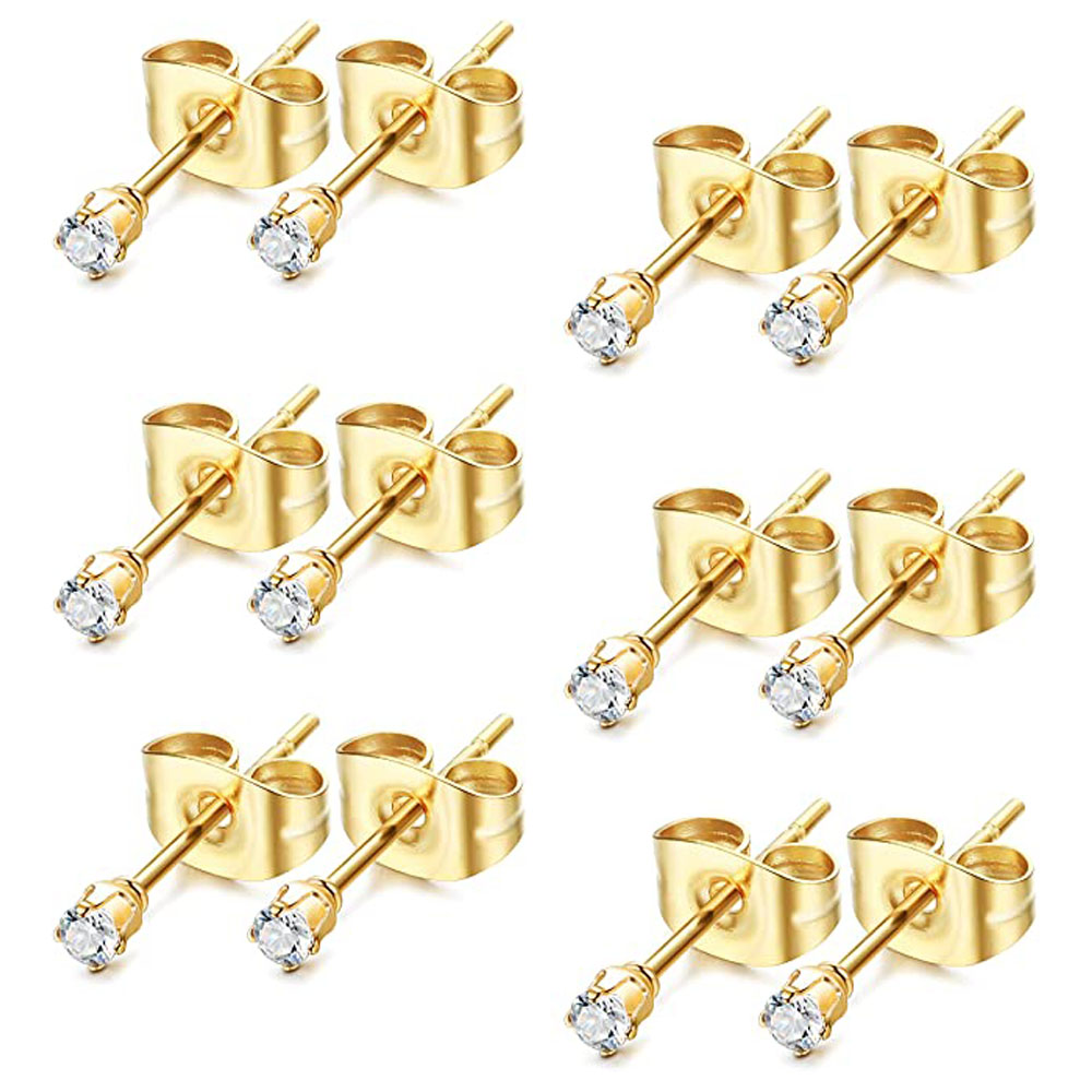 6 pares de aretes pequeños de acero inoxidable de 2 mm para hombre y mujer, aretes de bola redonda CZ, conjunto de