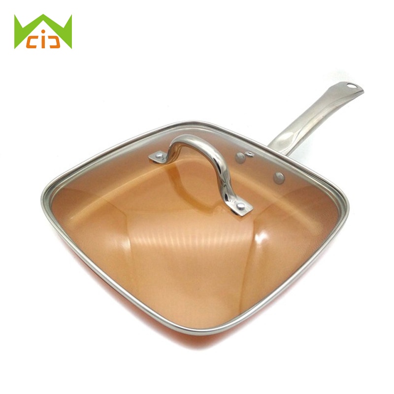 WCIC 10 Inch Safe Glass Lid Copper Pans Deep Square Induction Fry Pan Dishwasher Safe Oven Nonstick Copper Frying Pan