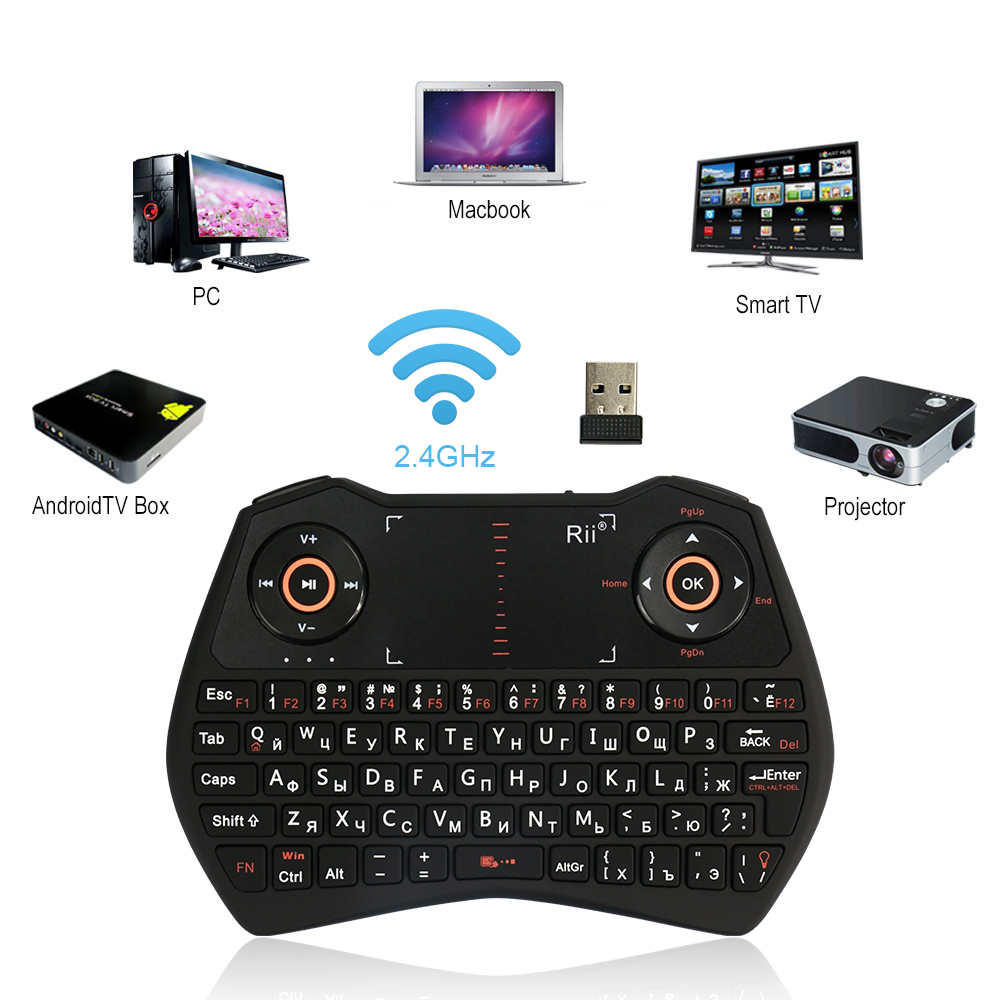Original Rii i28C 2.4GHz Mini Russian Wireless Keyboard with Touchpad, Air mouse, Backlit, Li-ion Battery for mini PC, TV box