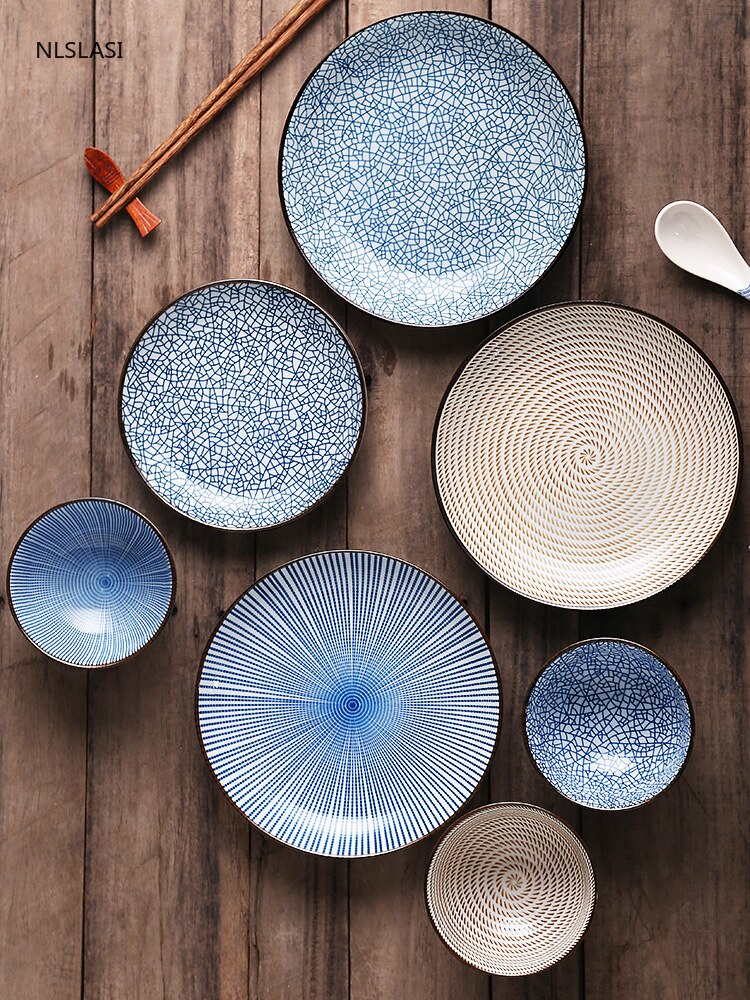 Japanese Retro Style Ceramic Dinner Plates Porcelain Dishes Saucer plate Sushi plate Rice Noddle Dinnerware Kitchen Tableware