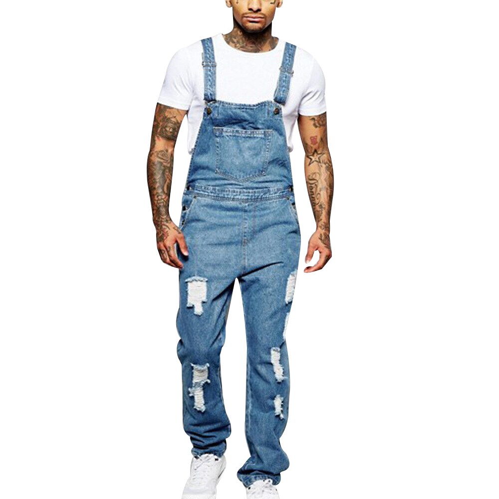Denim Men Overalls Jumpsuits Streetwear Female Casual Jeans Washed Ripped Hole Pocket Loose Straight Pants Trousers Modis H40