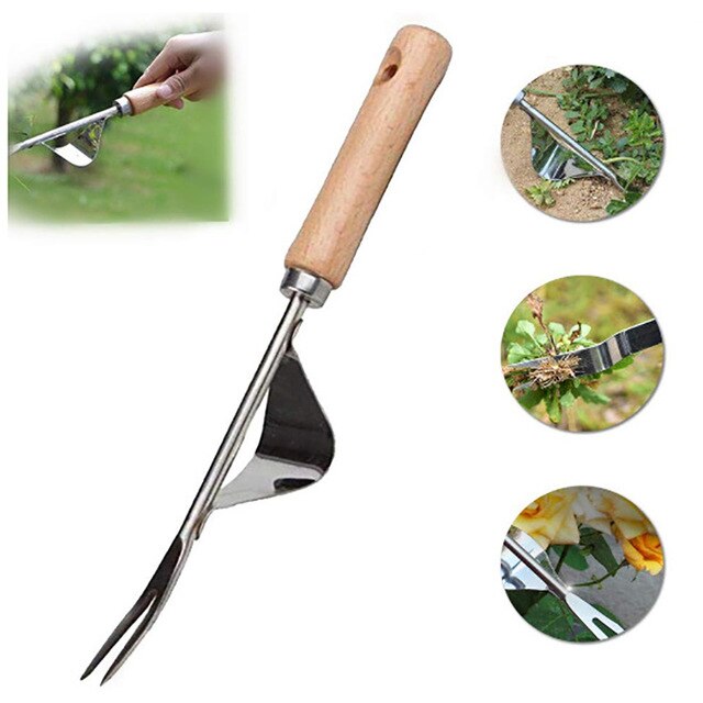 1Piece Manual Weeder Fork Stainless Steel Wood Handle Gardening Weeding Tool Garden Transplanting Digging Tools: Army Green