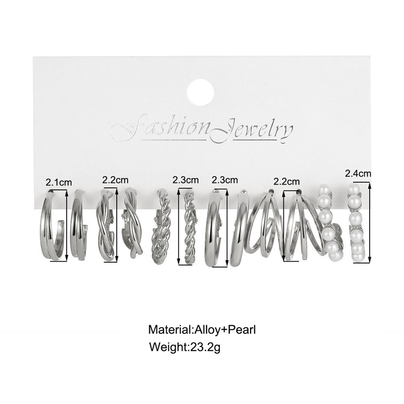 Silver Color Pearl Twist Hoop Earrings Set For Women Jewelry pendientes Vintage Circle Geometric Dangle Earrings Trendy