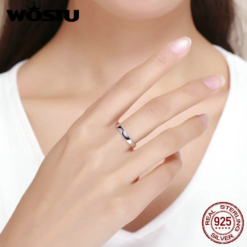 Wostu Solid Pure 925 Sterling Zilver Eenvoudige Vinger Ring Voor Vrouwen Hoge Gepolijst Classic Band Ringen Bruiloft Sieraden CQR343