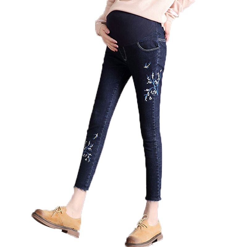 Plus størrelse elastisk talje moderskab jeans bukser tøj til gravide kvinder broderi denim graviditet leggings