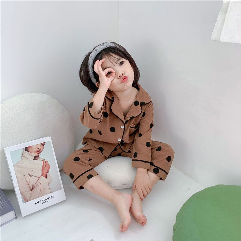 Lente/Herfst Kinderen Pyjama Set Dot Gedrukt Met Lange Mouwen Tops + Broek Pak Kinderen Pyjama Soft Katoen Ongedwongen Jongens meisjes Homewear