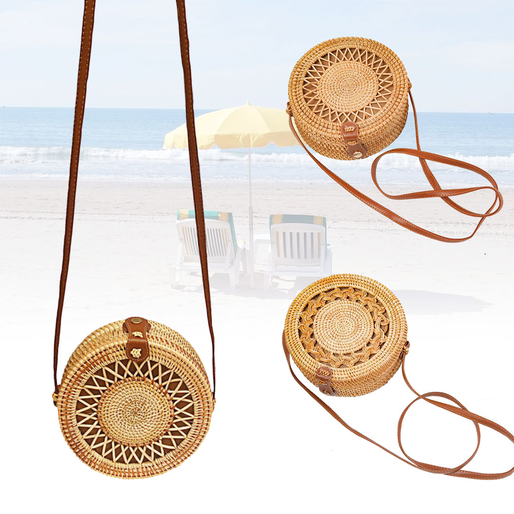 Bolso de mimbre tejido a mano, bolso de mimbre redondo para mujer, bolso de paja de diagonal, mochila de picnic para vacaciones en la playa