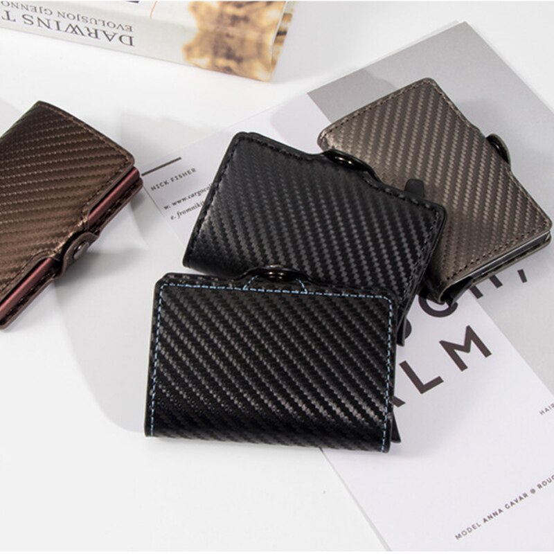 RFID Blocking Slim Carbon Fiber Leather Wallet Metal Card Case Coin Pocket Purse Minimalist Aluminum Wallet ID Card Holders
