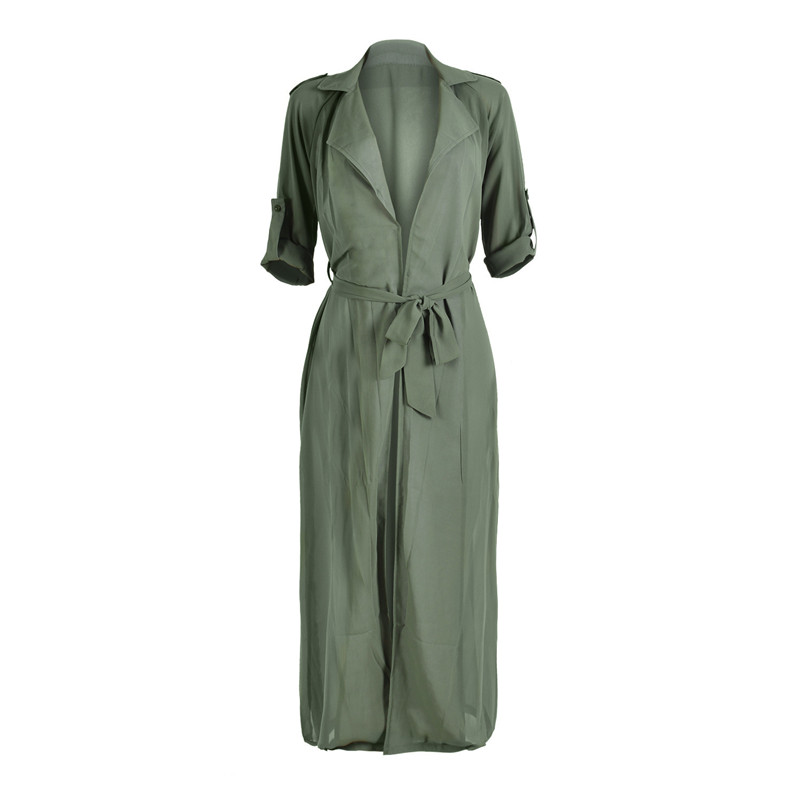 Sommar chiffong trench kofta lång trenchcoat dam vårkappa kvinnlig skårad hals kappa dammrock  d402: Grön / Xl